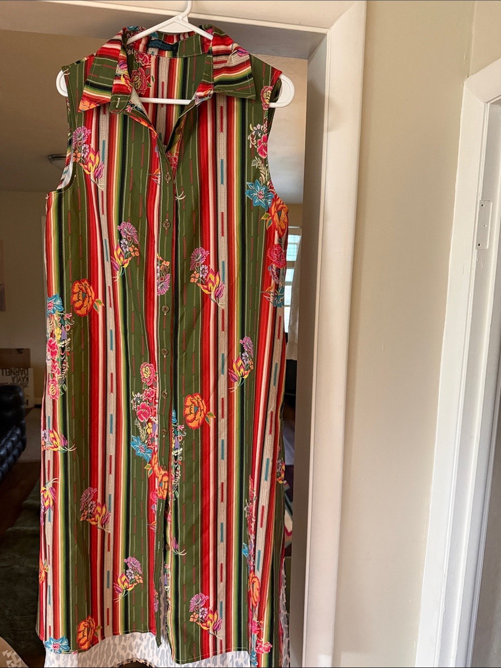 Sleeveless Button-Front Floral Stripe Dress - Green
